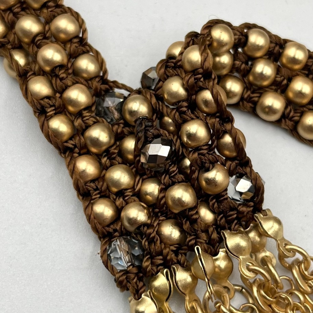 Vintage Chico's Gold Tone Beaded Tassel‎ Necklace Woven Bronze Tone Cord Lariat - Picture 4 of 11